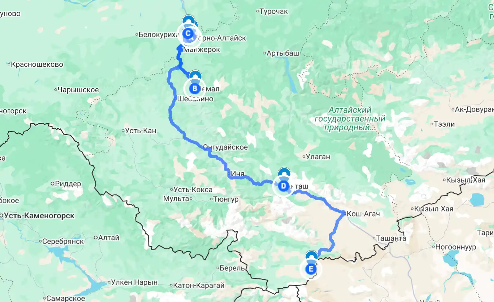 Маршрут путешествия по Алтаю
